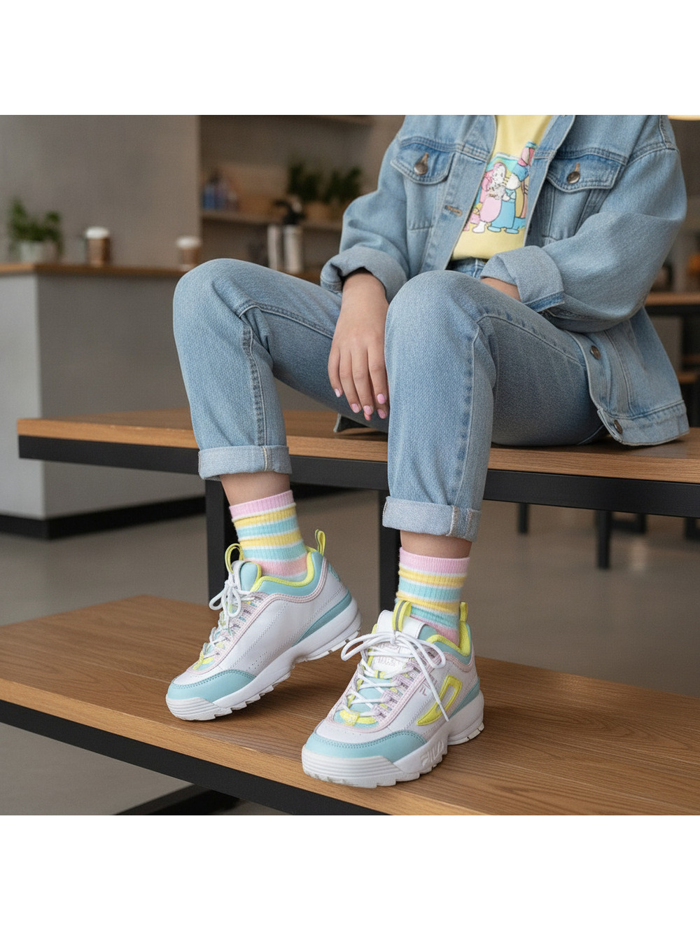 Fila Sneakers, Size 2.5, White, Blue, Pink, & Neon Yellow, Retro